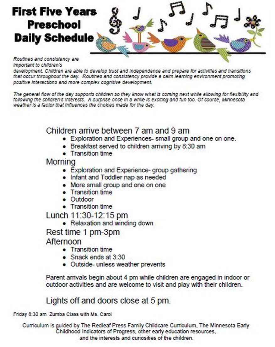 Daily Schedule - FIRST FIVE YEARS FAMILY CHILD CARE